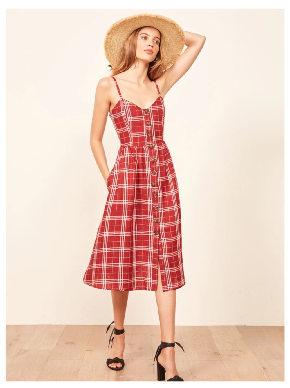Reformation Thelma Midi Dress Red Plaid Button-Front